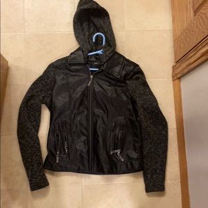 Juniors Small Leather/Hoodie Jacket With zippers